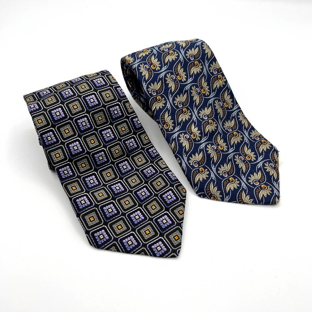 Robert Talbott Men's Lot of 2 Silk Ties Geometric & Paisley Navy Blue Necktie 4"
